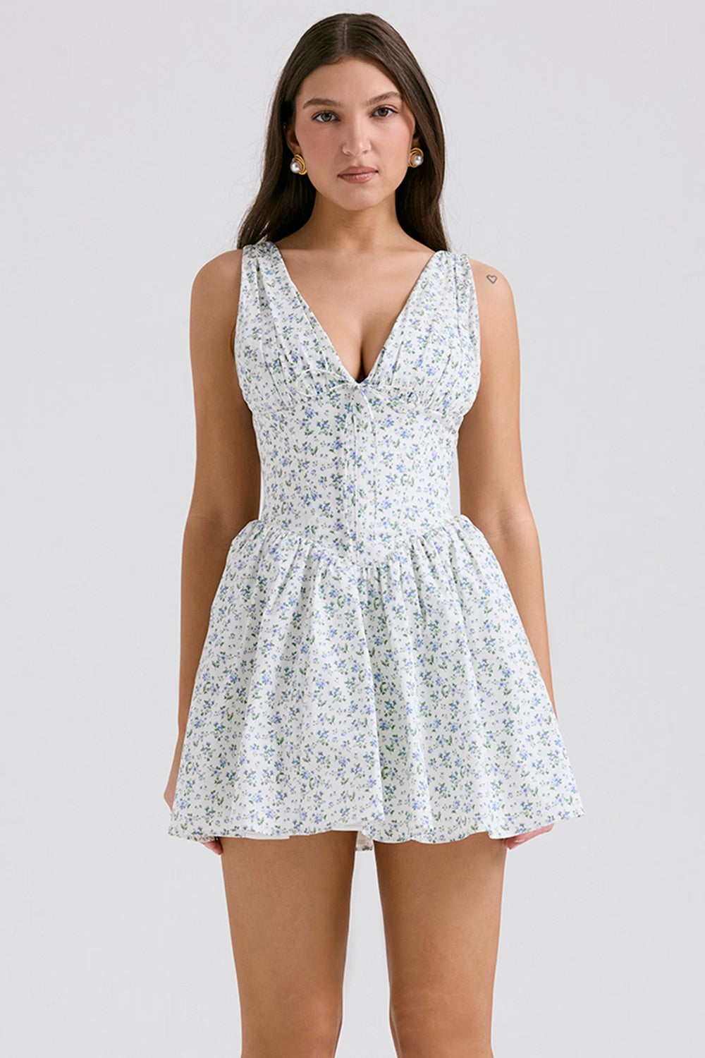Plunge Corset Mini Dress in Sky Blue Floral Print