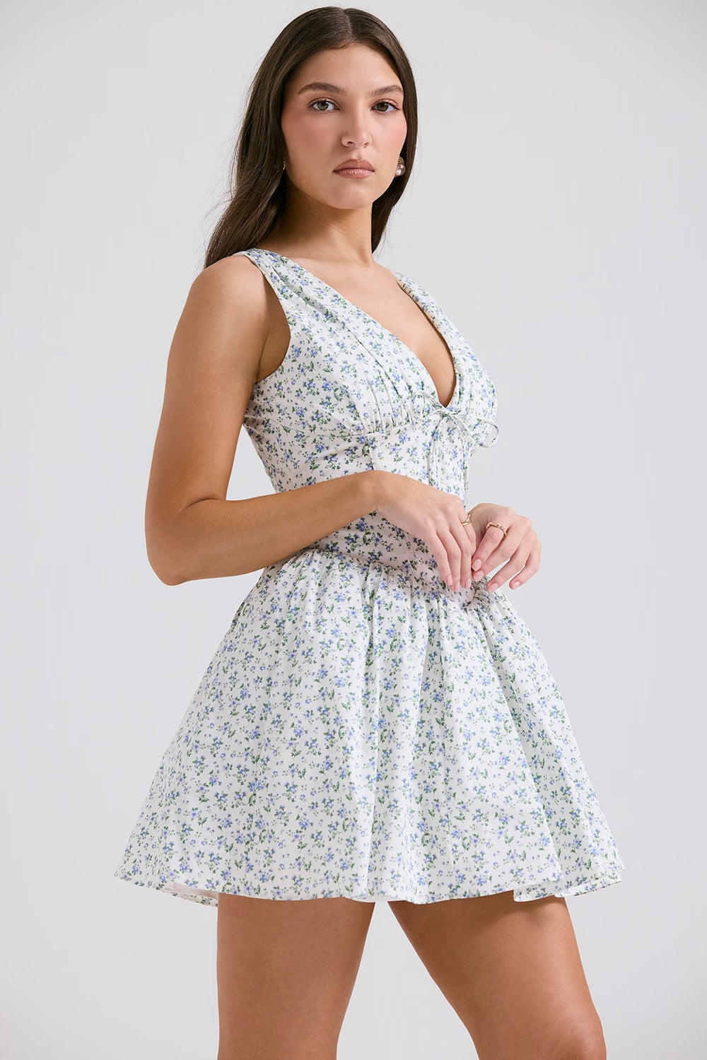 Plunge Corset Mini Dress in Sky Blue Floral Print