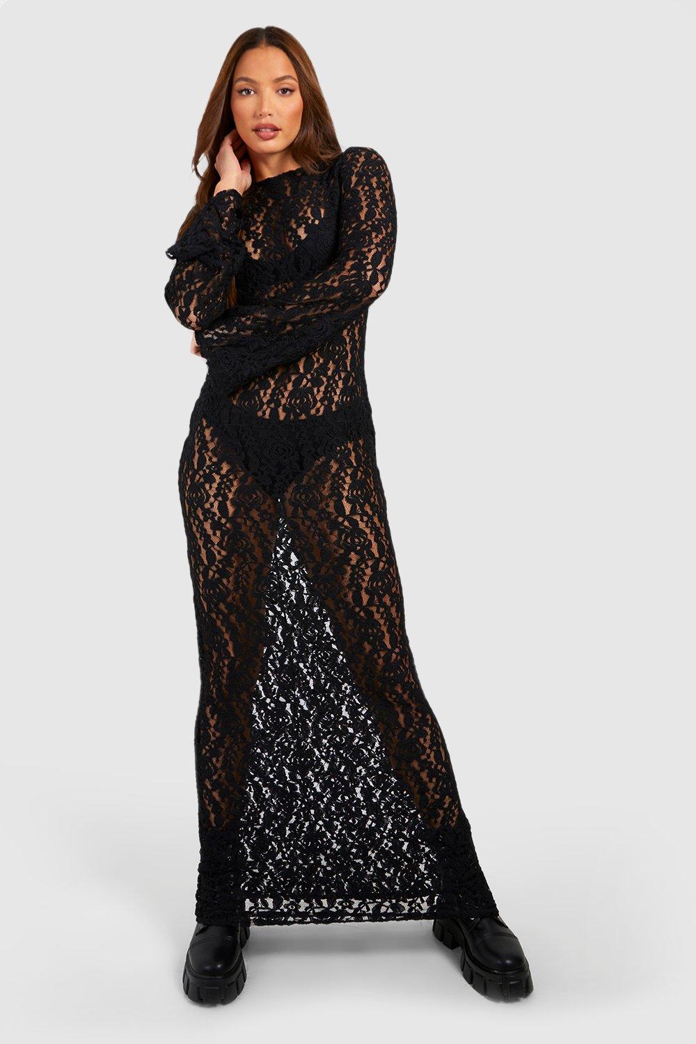 Black Sheer Lace Maxi Dress – Long Sleeve Bodycon with Side Slit