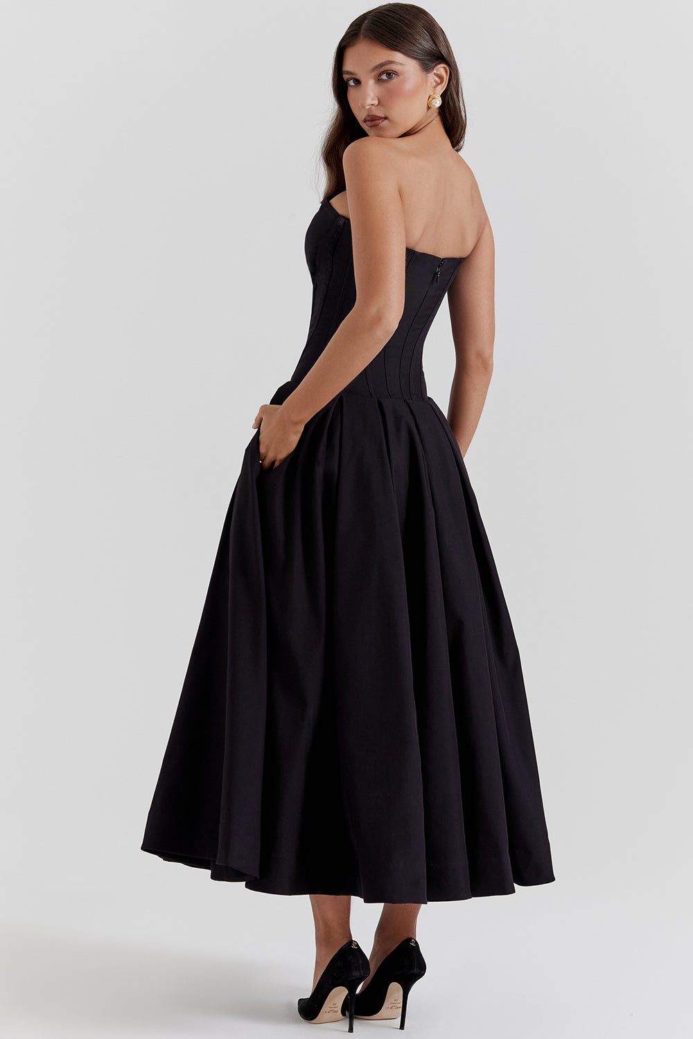 Strapless Twill Tulle Elegant Midi Dress