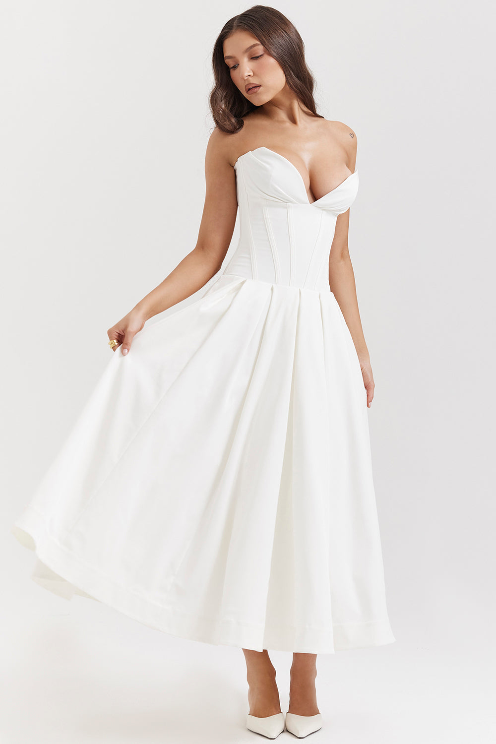 Strapless Twill Tulle Elegant Midi Dress