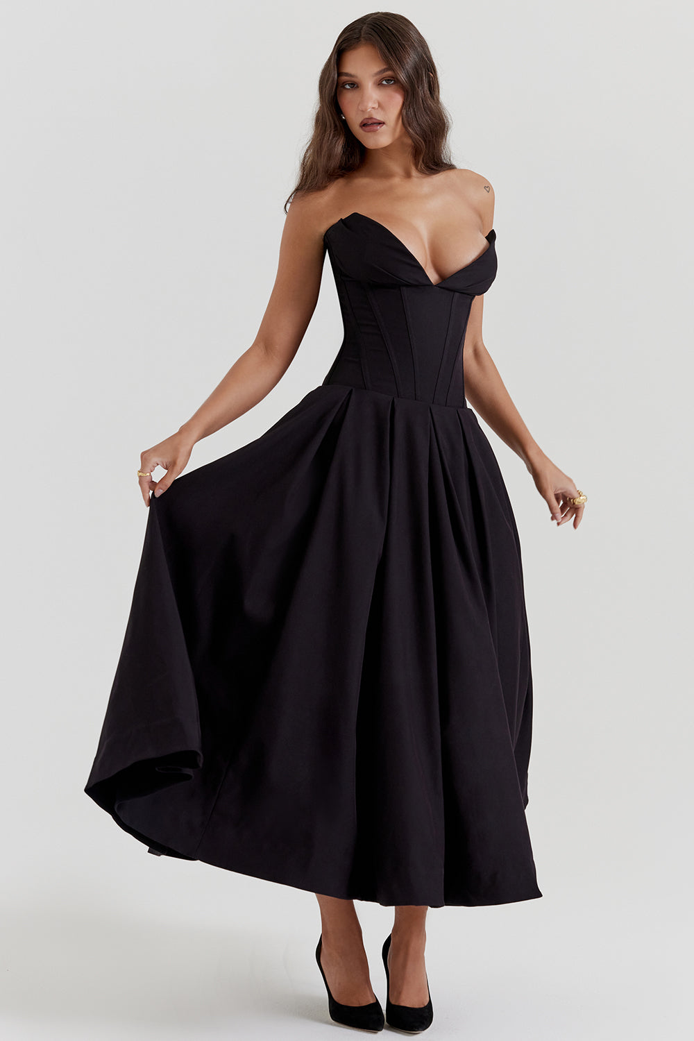 Strapless Twill Tulle Elegant Midi Dress