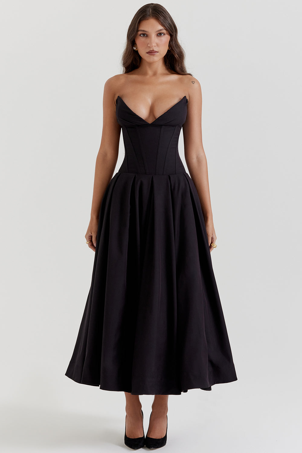 Strapless Twill Tulle Elegant Midi Dress