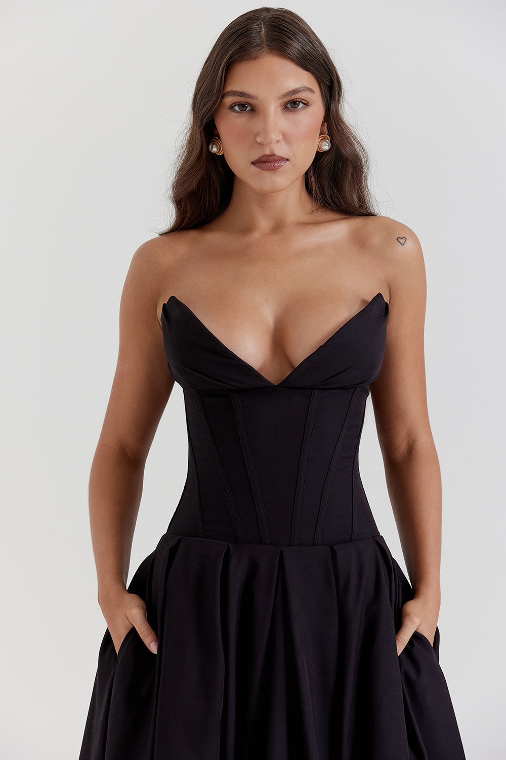 Strapless Twill Tulle Elegant Midi Dress