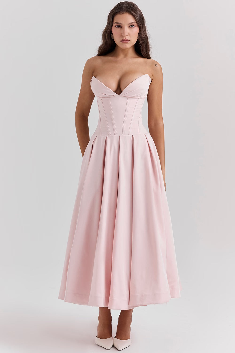 Strapless Twill Tulle Elegant Midi Dress