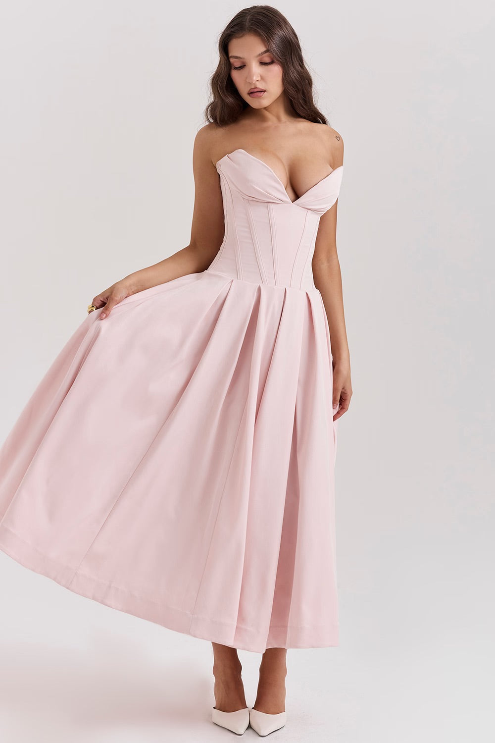 Strapless Twill Tulle Elegant Midi Dress