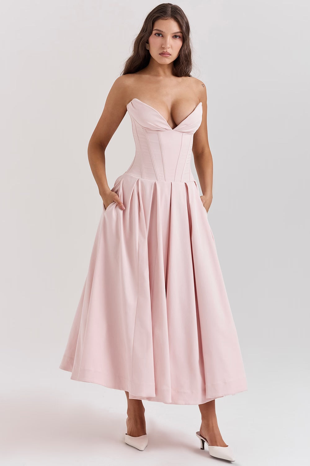 Strapless Twill Tulle Elegant Midi Dress