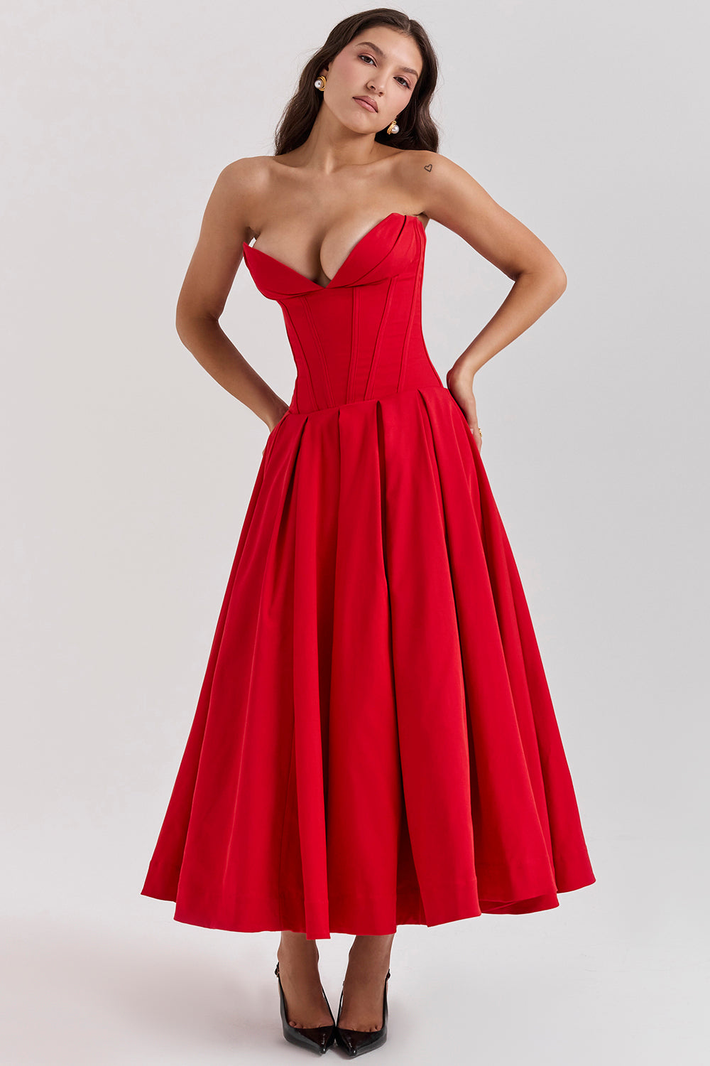 Strapless Twill Tulle Elegant Midi Dress