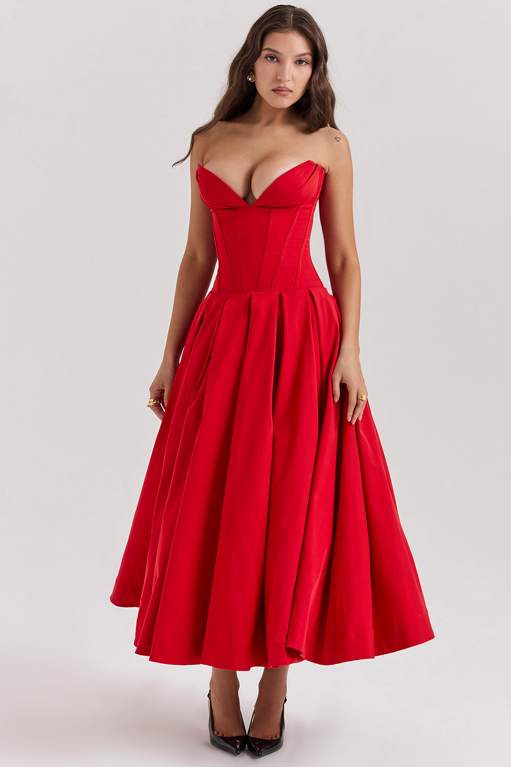 Strapless Twill Tulle Elegant Midi Dress
