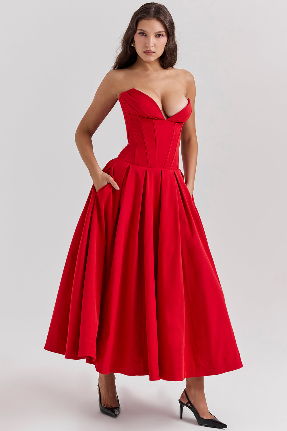 Strapless Twill Tulle Elegant Midi Dress