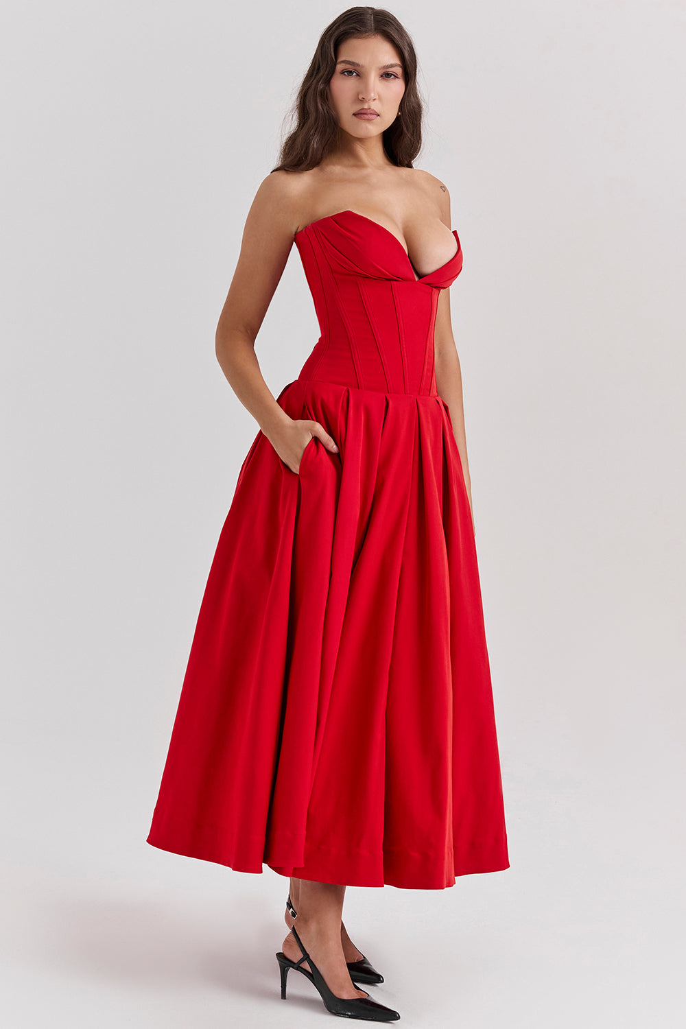 Strapless Twill Tulle Elegant Midi Dress