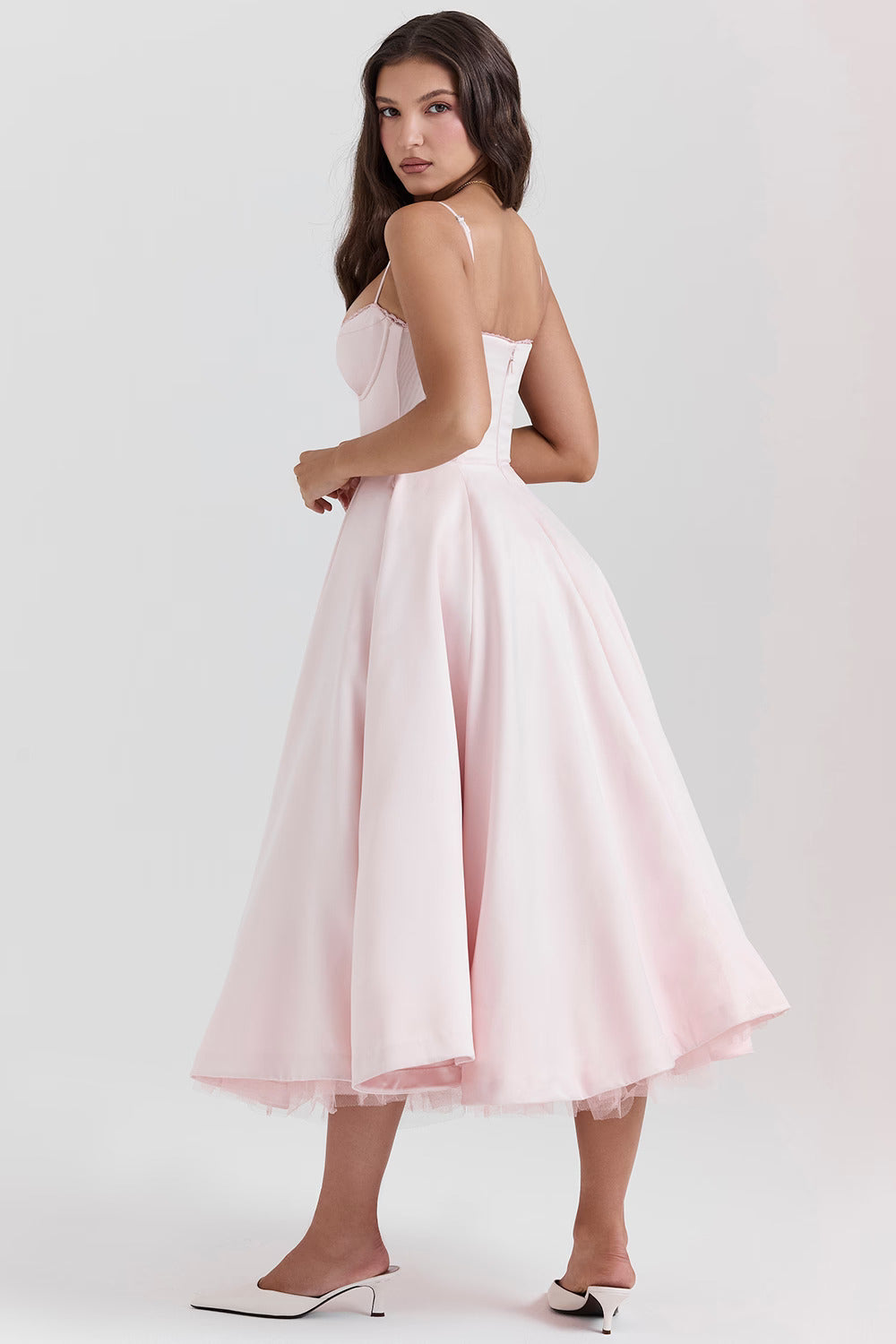 Romantic Satin Midi Dress with Corset Bodice and Sweetheart Neckline
