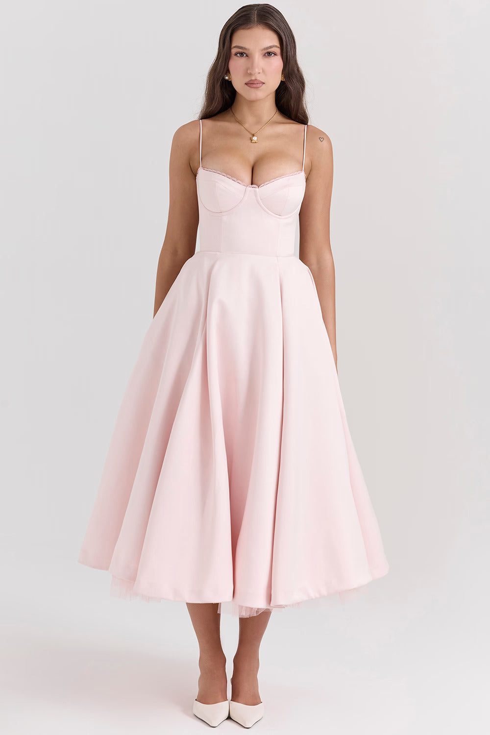 Romantic Satin Midi Dress with Corset Bodice and Sweetheart Neckline