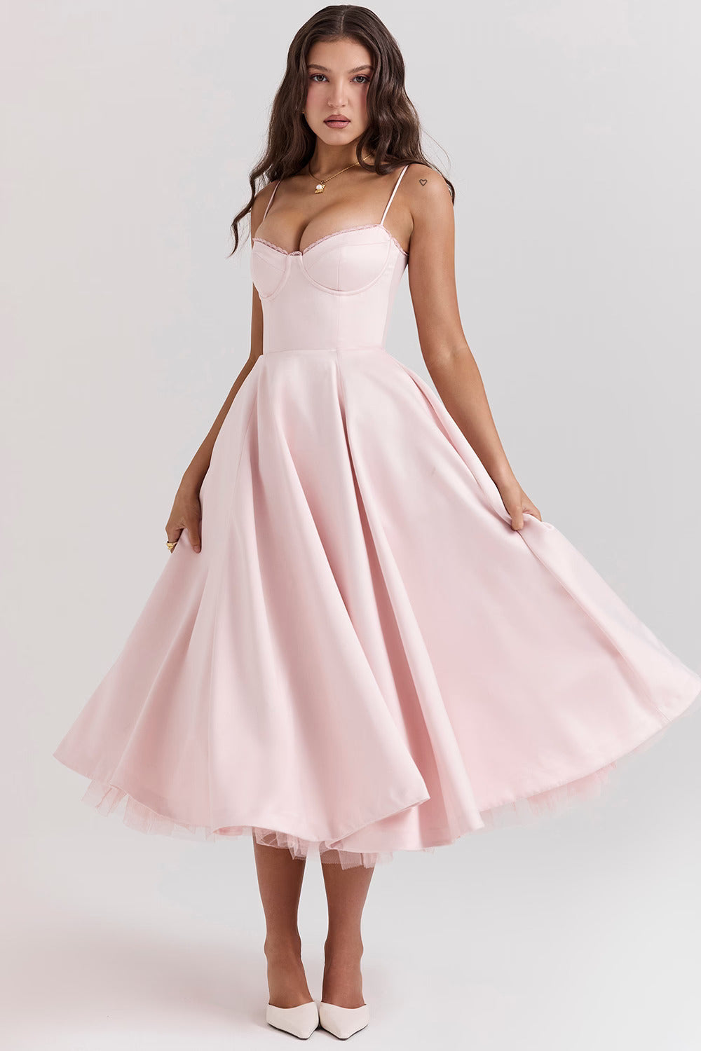Romantic Satin Midi Dress with Corset Bodice and Sweetheart Neckline