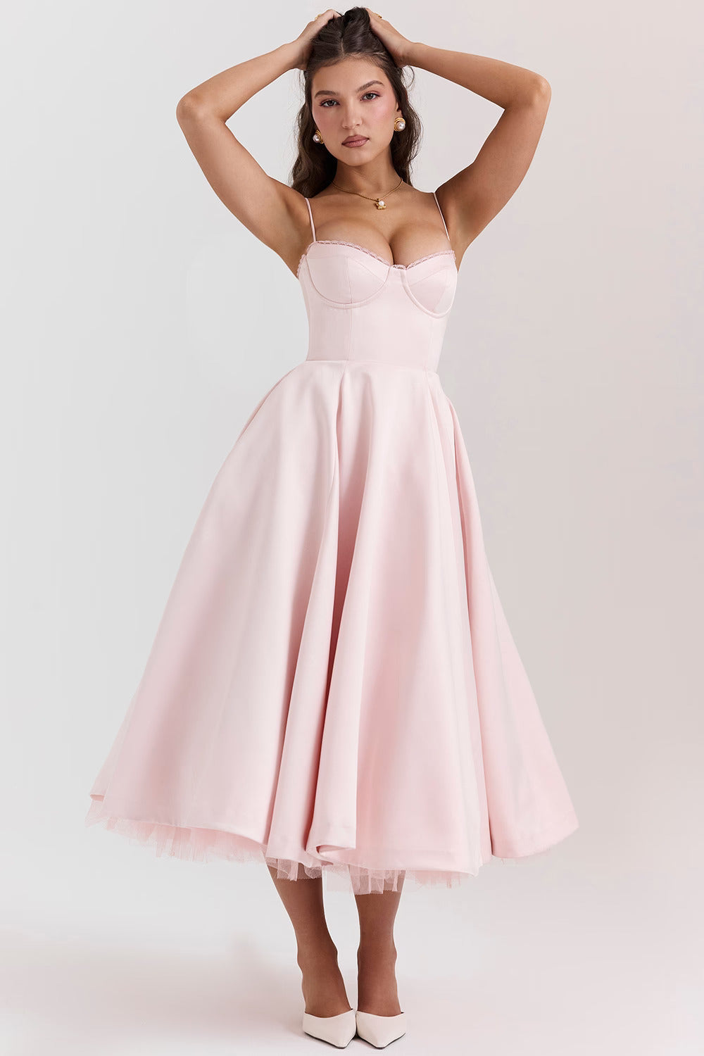 Romantic Satin Midi Dress with Corset Bodice and Sweetheart Neckline