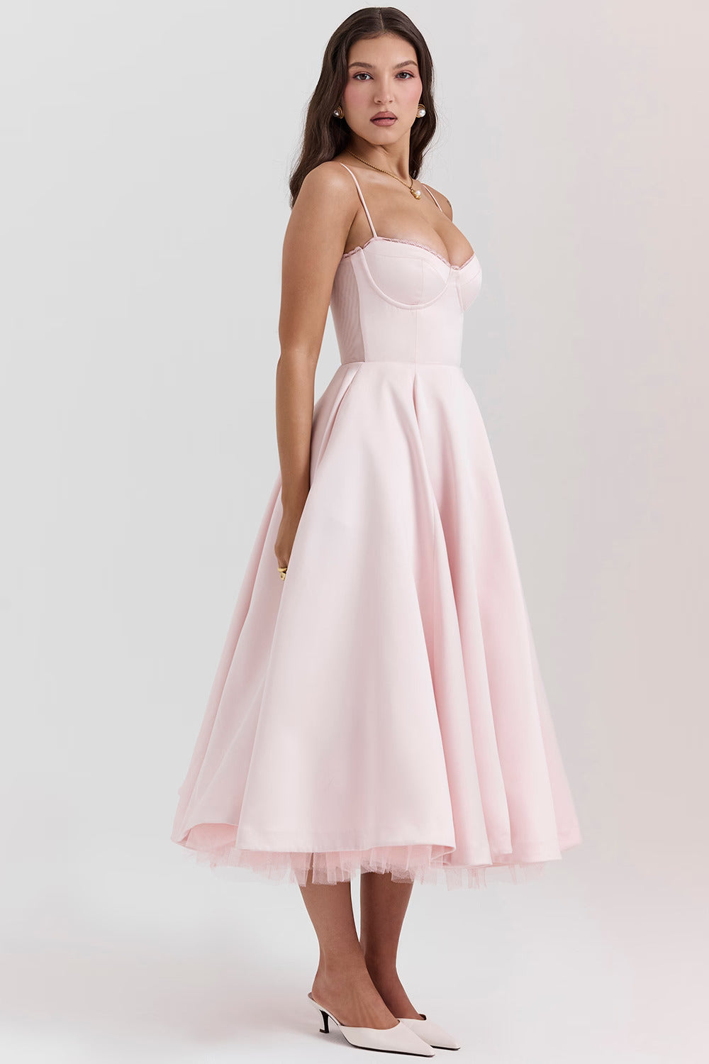 Romantic Satin Midi Dress with Corset Bodice and Sweetheart Neckline