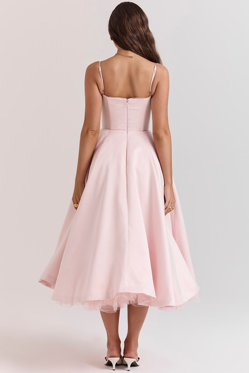 Romantic Satin Midi Dress with Corset Bodice and Sweetheart Neckline