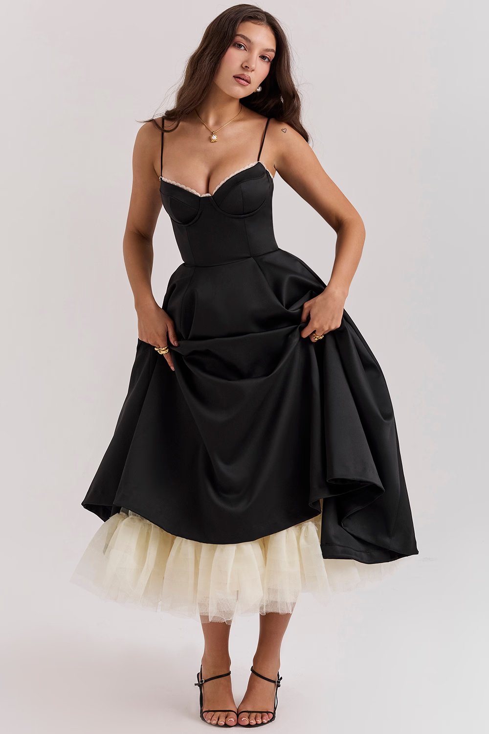 Romantic Satin Midi Dress with Corset Bodice and Sweetheart Neckline