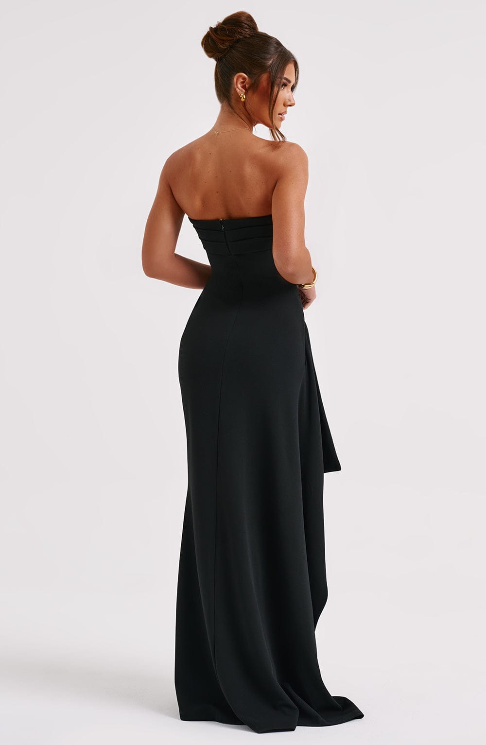 Black Strapless Maxi Dress Featuring Side Ruffle Detail